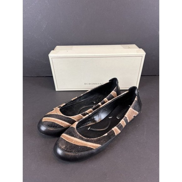 BCBGMAXAZRIA MA-STELLA Size 10 BROWN/BLACK  LEATHER BALLET FLATS FAUX FUR‎ - Picture 1 of 10